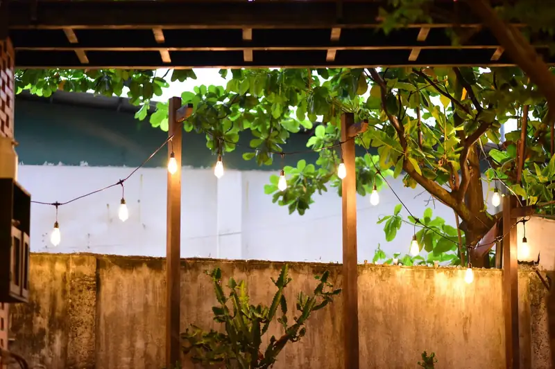 A backyard pergola with string lights at dusk (stock photo)